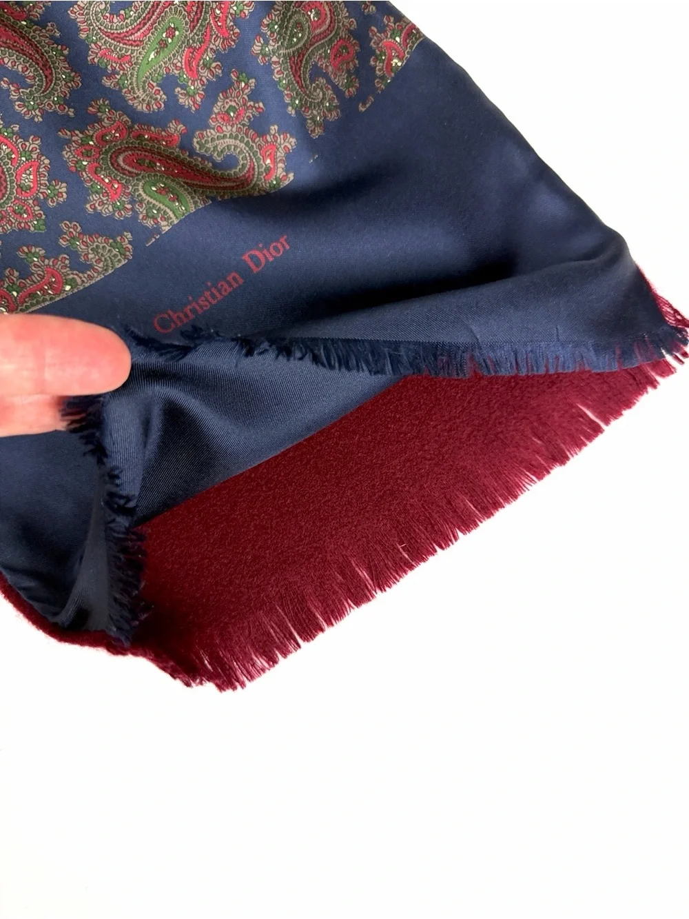 Vintage Christian Dior Doubled Paisley Scarf Silk Wool Navy Burgundy 53x9.5”